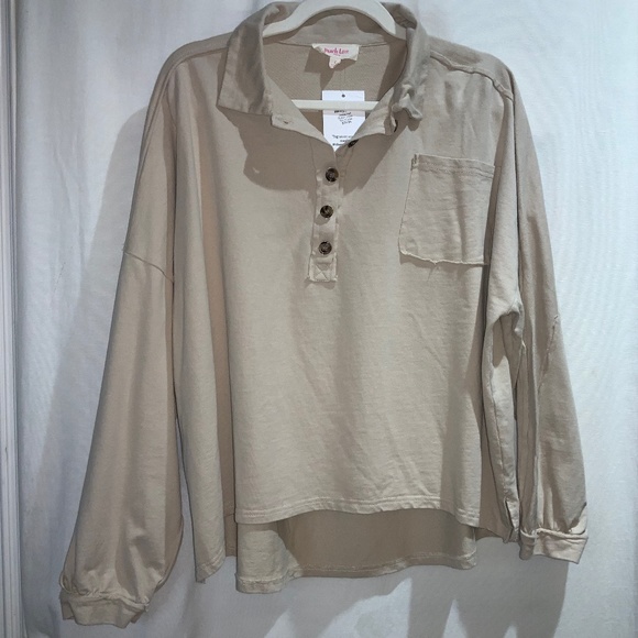 Peach Love California half button knit shirt Sz L collar hi low hem raw … - Picture 1 of 9